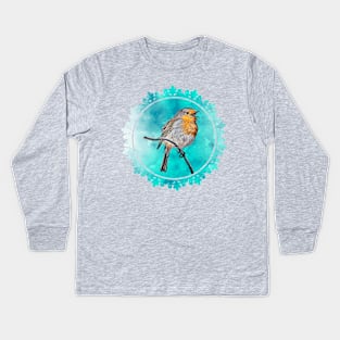 Lovely Robin Bird Drawing with Turquoise Background Kids Long Sleeve T-Shirt